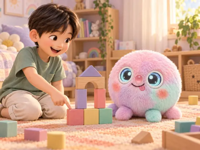 An imagined moment of a child showing Wompy a colorful tower.