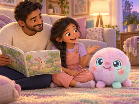 An imagined family play moment: a child inventing a story with a parent, Wompy and a picture book.