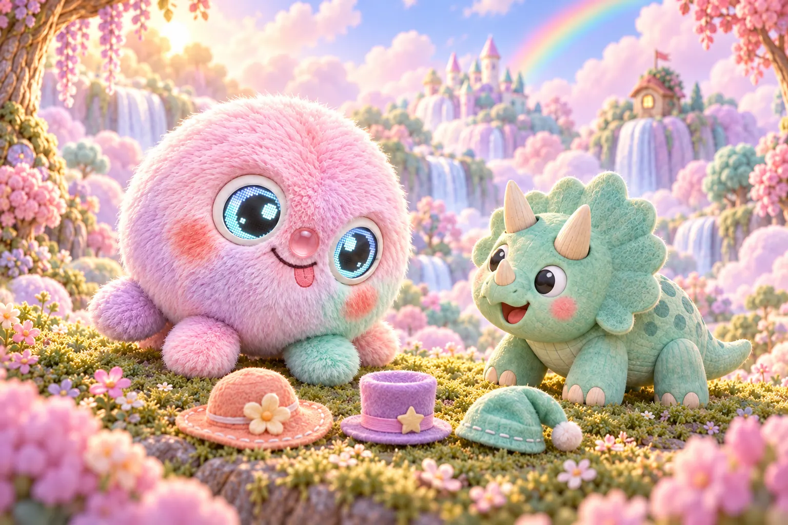 In a cloud garden, a curious Wompy looks between three little hats and a bare-headed triceratops with three horns.