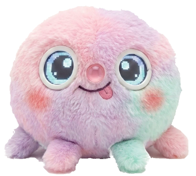 The current physical Wompy sample with pink, lilac and mint fur and pixel-display eyes.